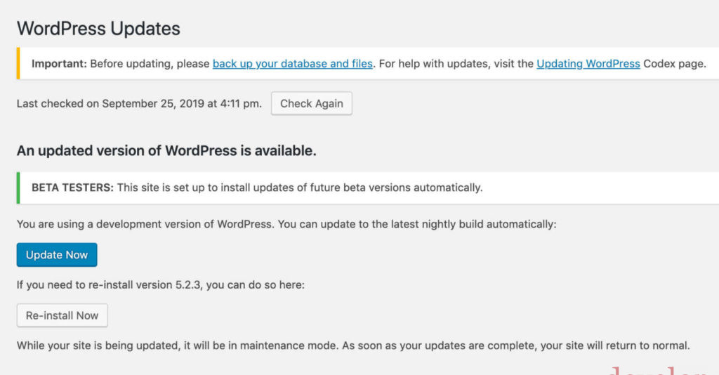 WordPress: Schermata Aggiornamenti di WordPress