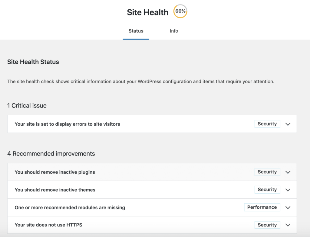 WordPress: Pagina di stato del Site Health in WordPress 5.2