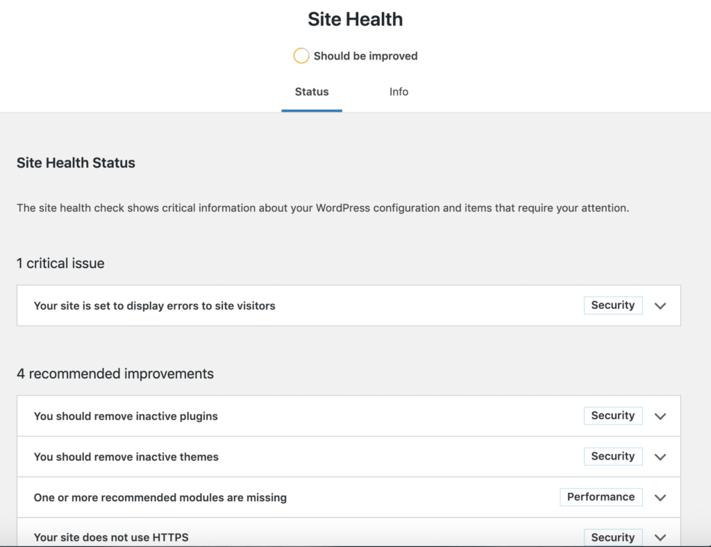 WordPress: Pagina di stato del Site Health in WordPress 5.3